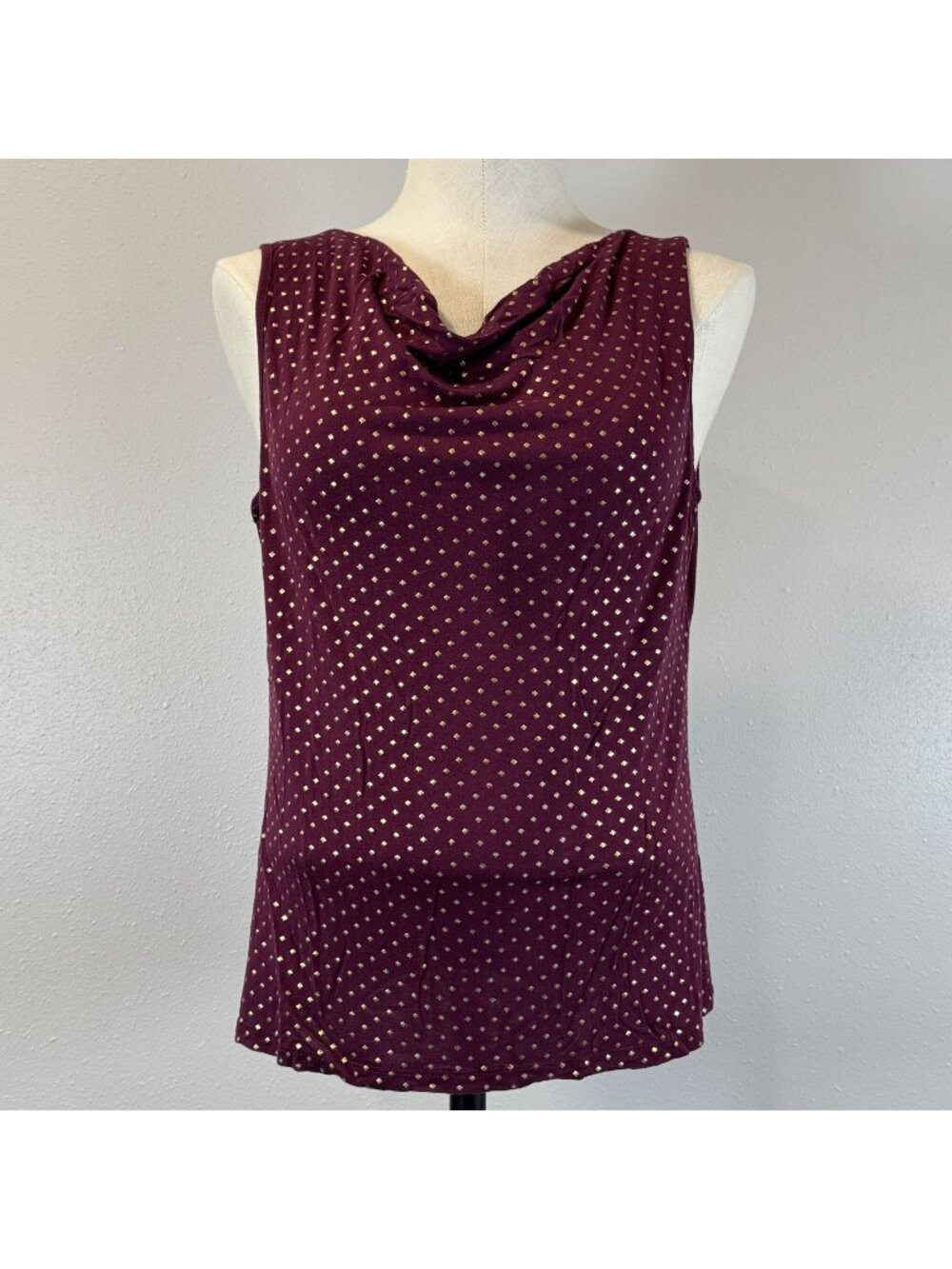Cable & Gauge Sleeveless Cowl Neck Top Womens Size L Burgundy Gold Polka Dots
